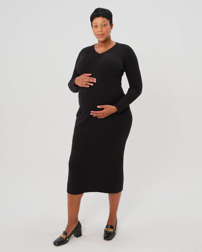 Full Body Ribbed Maternity & Nursing Midi Sweater Dress