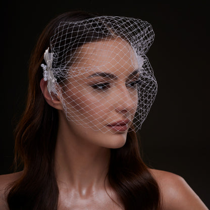 Bridal Birdcage Veil with Pearl & Leaf Side Comb