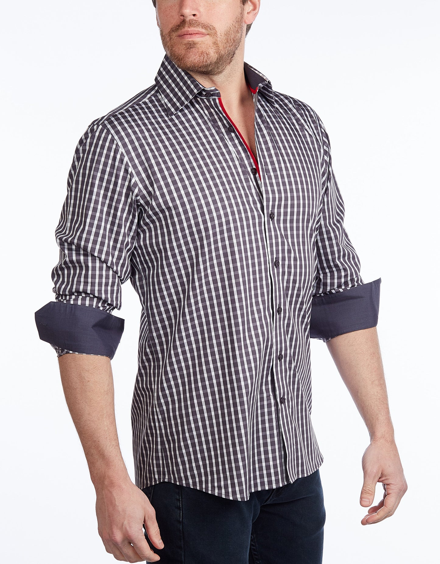 Button-Up Shirt I Charcoal -  Contemporary Fit - Contrast trimming - Size Small