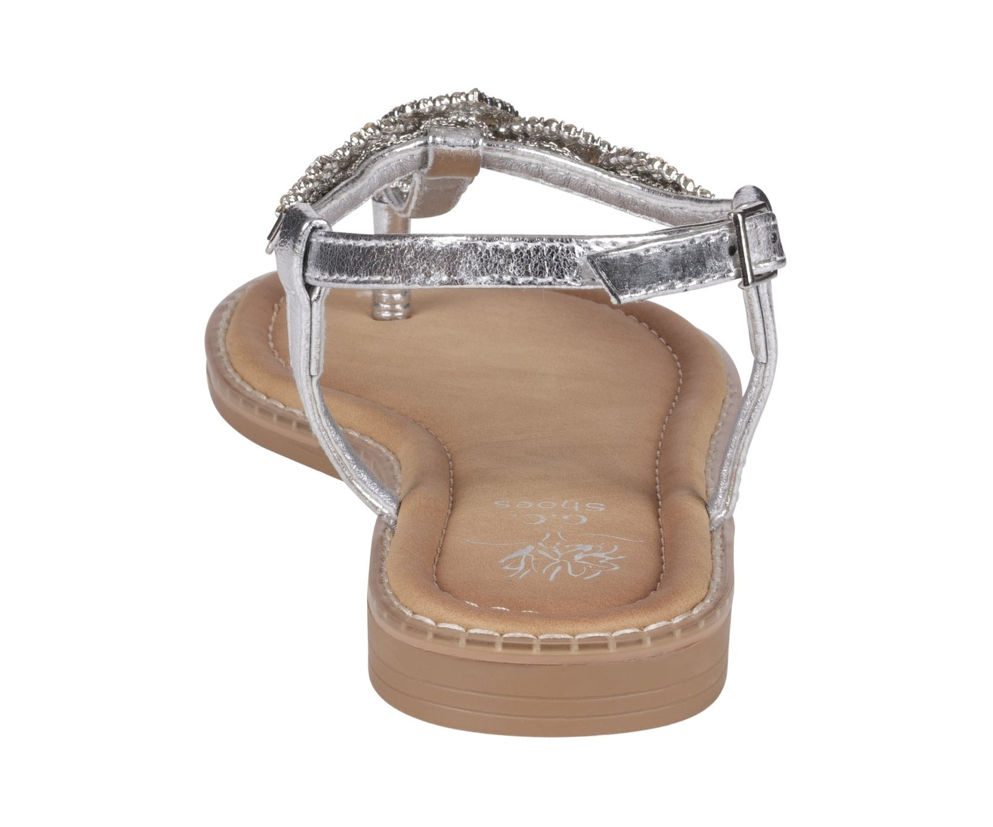 Cali Silver Jeweled T-Strap Slingback Flat Sandals