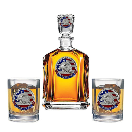 America's 250th Anniversary Eagle Head with Flag Capitol Decanter with 2 Glasses