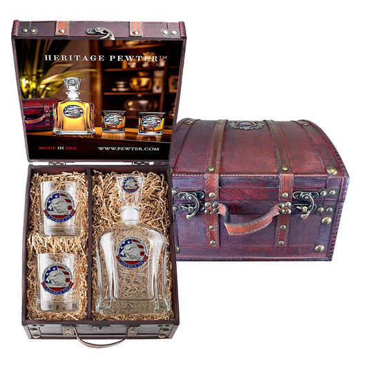 America's 250th Anniversary Eagle Head with Flag Capitol Decanter and 2 Glasses with Chest Box