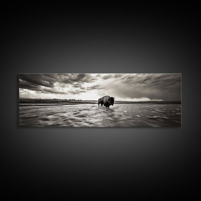 Bison River, Prairie Storm, American West, Framed Canvas Print, Rustic Nature Art, Fall Living Room Decor, Wildlife Photography