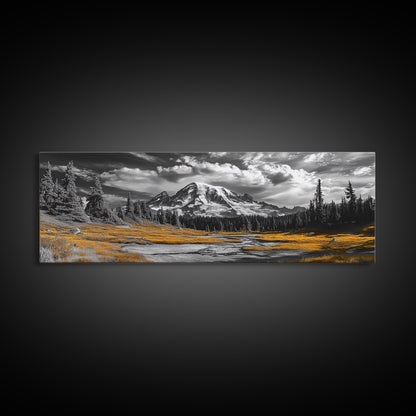 Majestic Mountain Scene, Snow Peaks and Meadows, Alpine Wilderness View, Framed Canvas Print, Cabin Wall Decor, Nature Wall Art