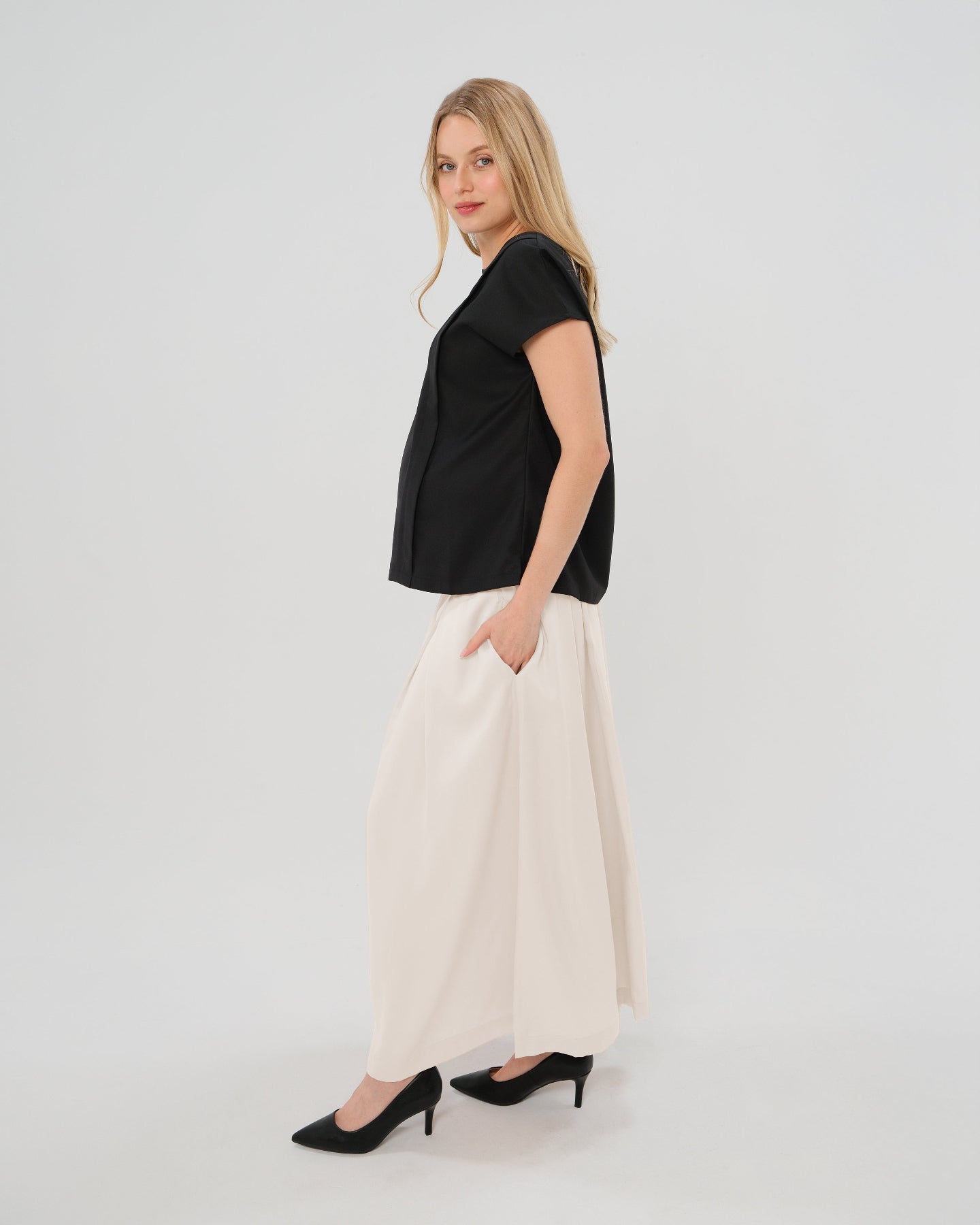 Pleated Maternity Maxi Skirt in Cream Satin | Over/Under Bump