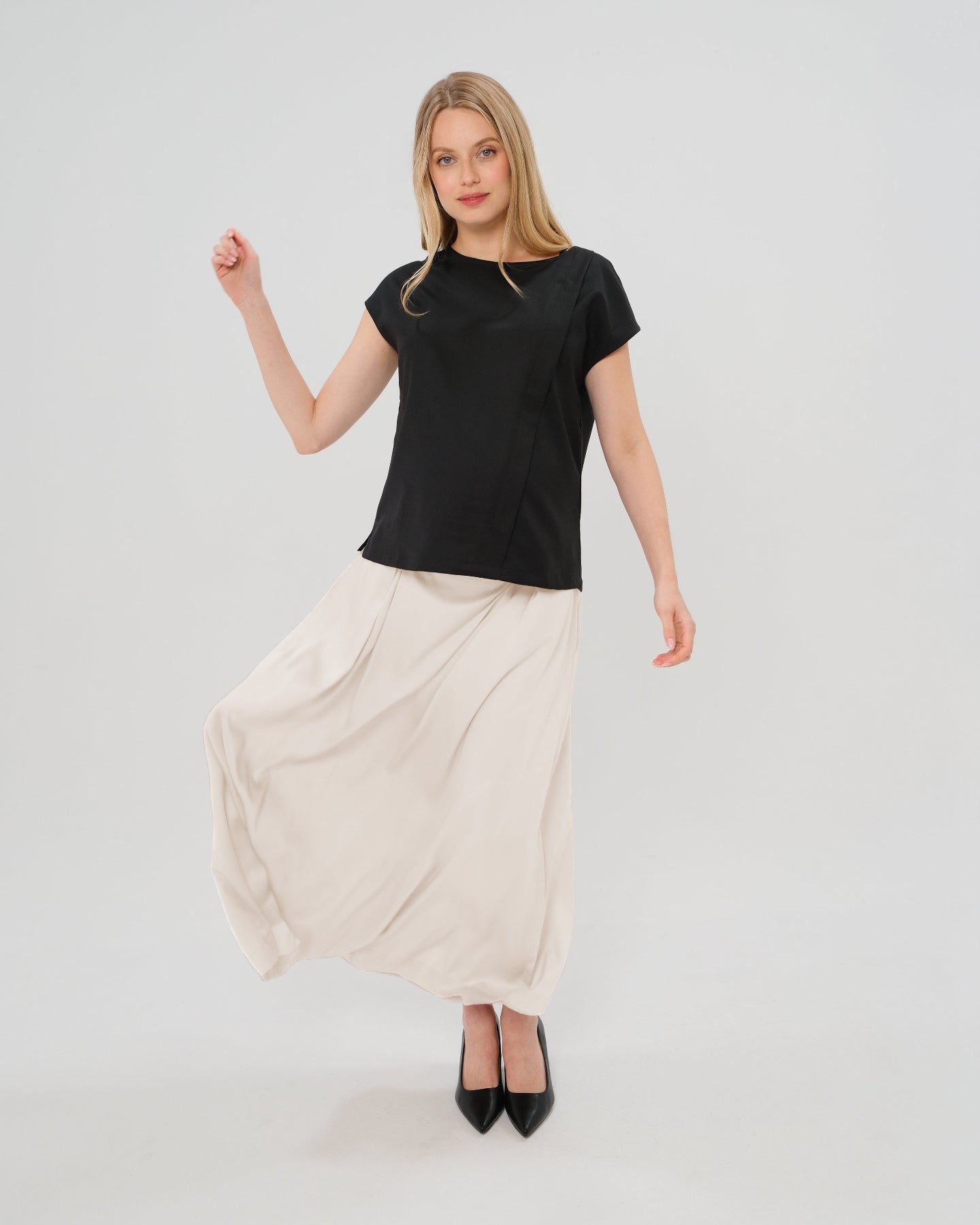 Pleated Maternity Maxi Skirt in Cream Satin | Over/Under Bump