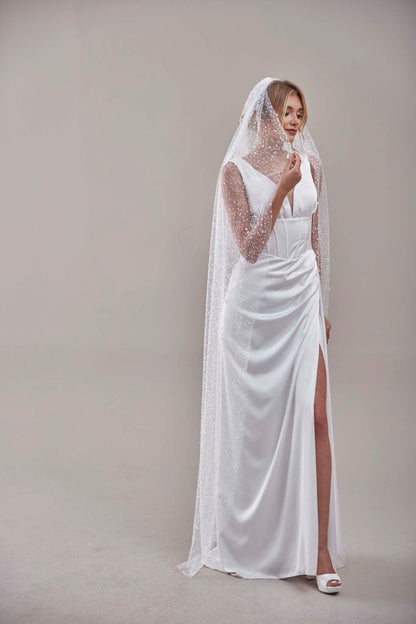 Bridal Veil, Veil with Pearls, One Layer Wedding Veil, Veil with Rhinestone-D180