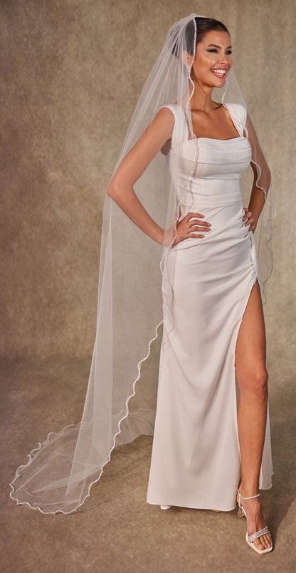Wavy Beaded Edge Minimalist Wedding Veil- D246