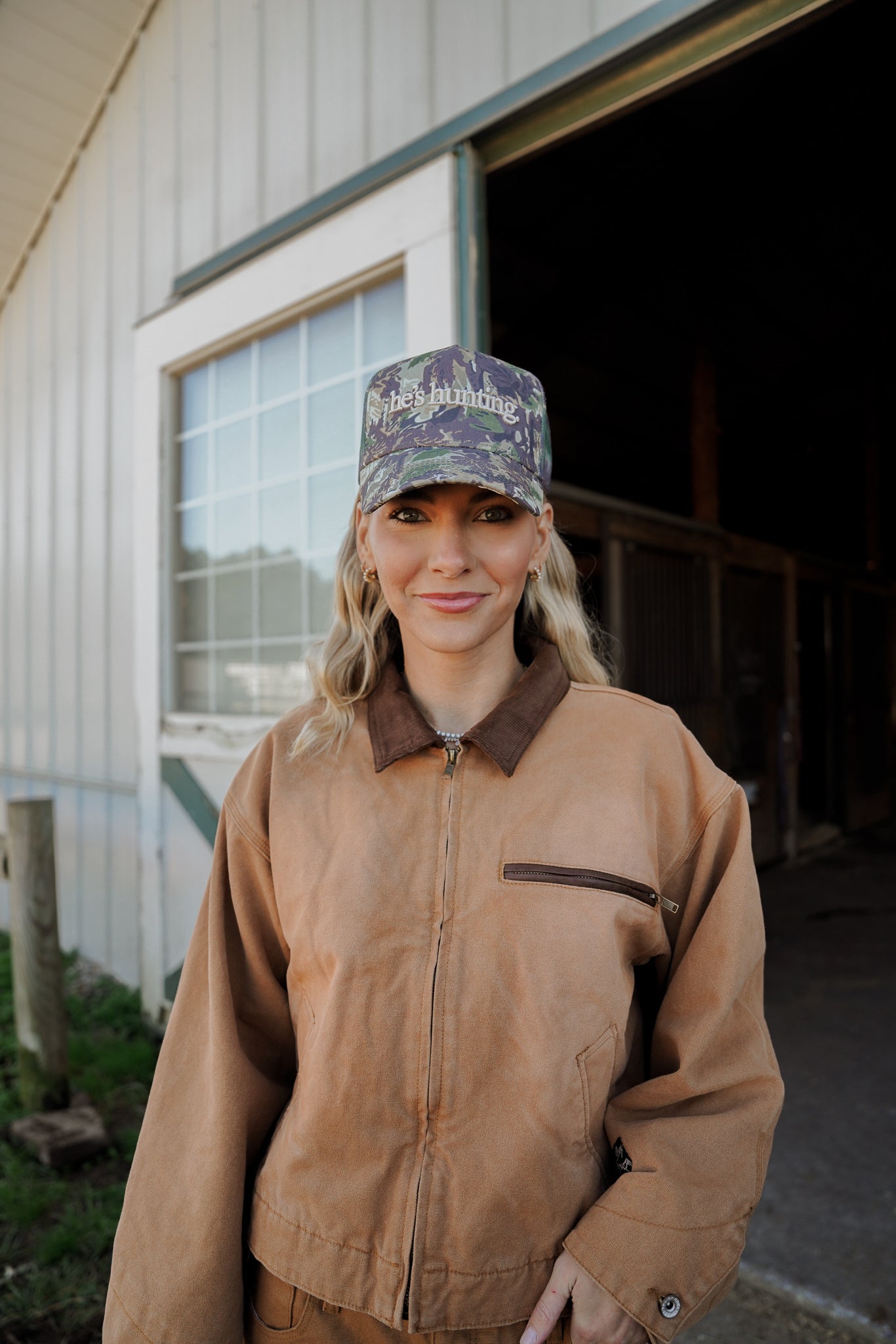 He's Hunting - Camo Vintage Trucker Hat