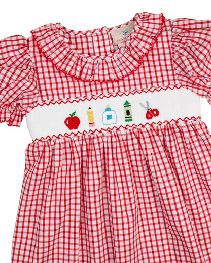 School Supplies Smocked Red Windowpane Dress