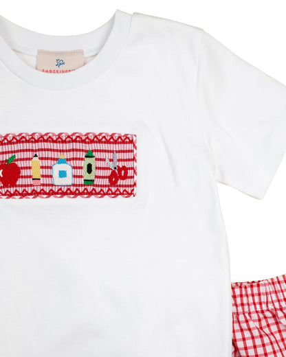 School Supplies Smocked Red Windowpane Shorts Set
