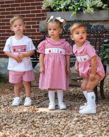 School Supplies Smocked Red Windowpane Boy Bubble