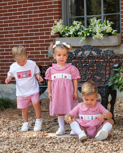 School Supplies Smocked Red Windowpane Boy Bubble