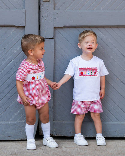 School Supplies Smocked Red Windowpane Boy Bubble