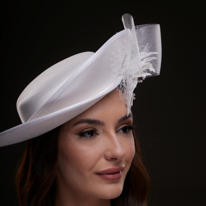 White Bridal Hat with Sculpted Flower