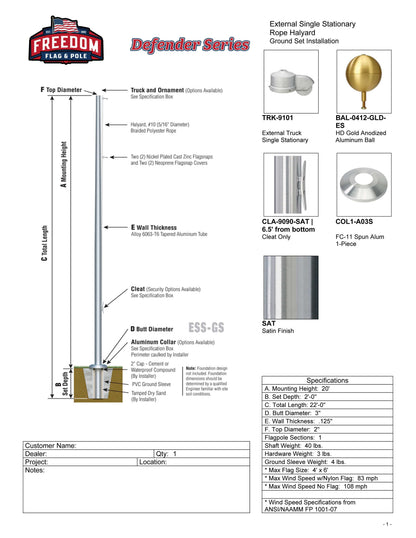 20' Defender Flagpole - 100% Made in USA
