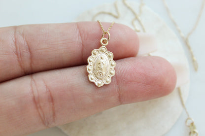 14k Gold Our Lady of Guadalupe Scalloped Necklace