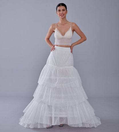 A line petticoat with train, Tiered Tulle Underskirt for Bridal Dress, Chapel Train Slip, White Crinoline 4 Hoop