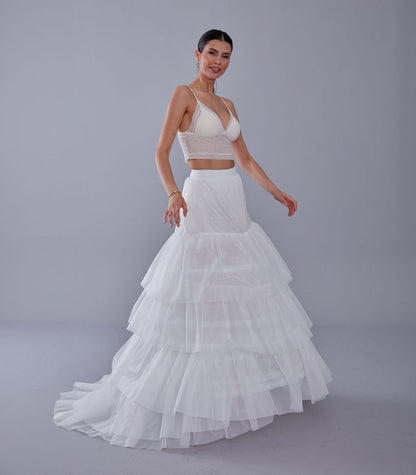 A line petticoat with train, Tiered Tulle Underskirt for Bridal Dress, Chapel Train Slip, White Crinoline 4 Hoop