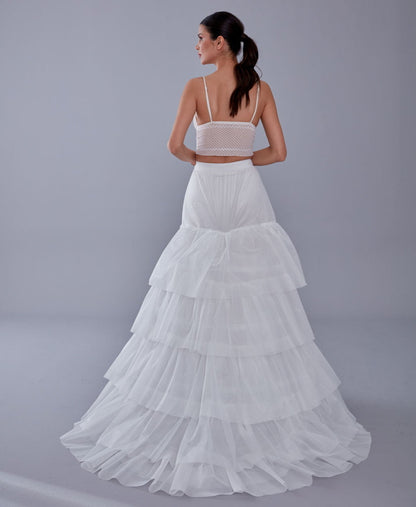 A line petticoat with train, Tiered Tulle Underskirt for Bridal Dress, Chapel Train Slip, White Crinoline 4 Hoop