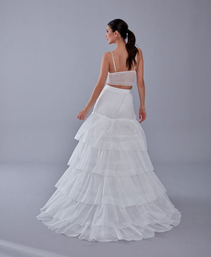 A line petticoat with train, Tiered Tulle Underskirt for Bridal Dress, Chapel Train Slip, White Crinoline 4 Hoop