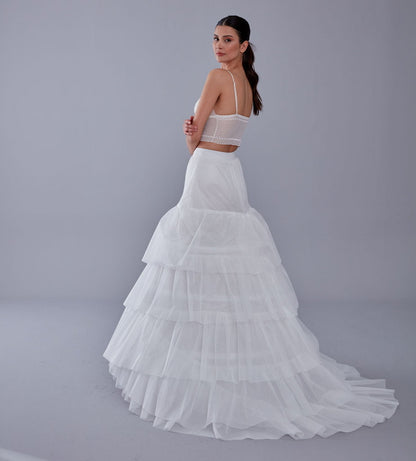 A line petticoat with train, Tiered Tulle Underskirt for Bridal Dress, Chapel Train Slip, White Crinoline 4 Hoop