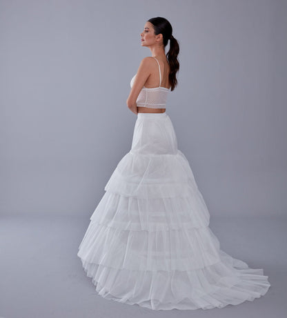 A line petticoat with train, Tiered Tulle Underskirt for Bridal Dress, Chapel Train Slip, White Crinoline 4 Hoop