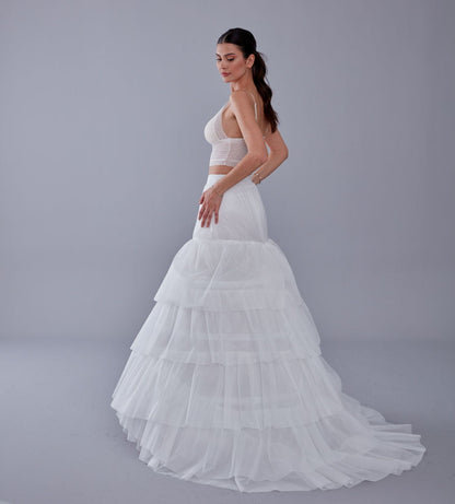 A line petticoat with train, Tiered Tulle Underskirt for Bridal Dress, Chapel Train Slip, White Crinoline 4 Hoop