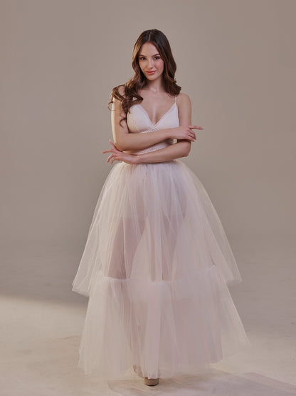 Elegant Double Tulle Skirt , Double Layer  Soft White Tulle Skirt for Women, Sheer Maxi Overskirt