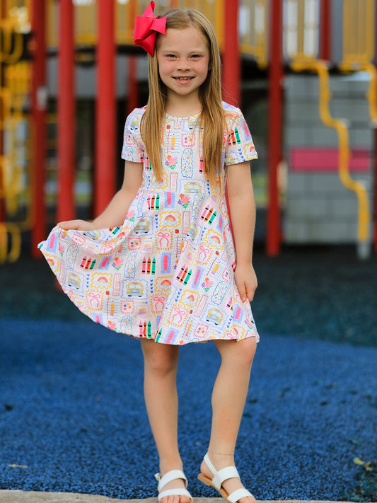 Back to School Rainbow Print Girls Dress Short Sleeve