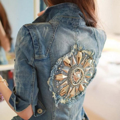 Cute Diamonds Encrusted Half Sleeve Denim Jacket