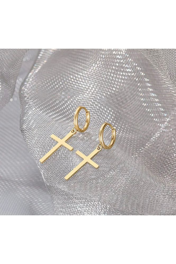 Dangle cross gold earrings