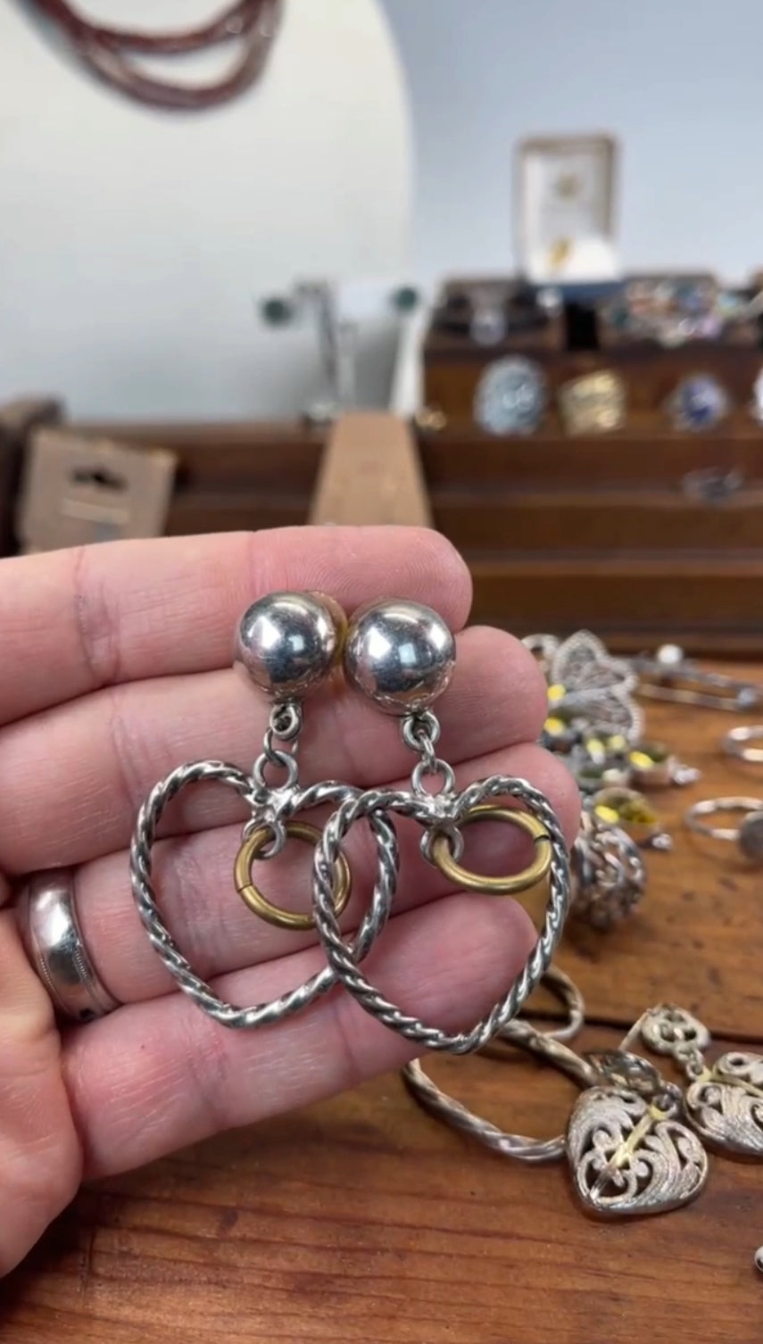 Sterling Silver Heart Earrings with Brass Rings