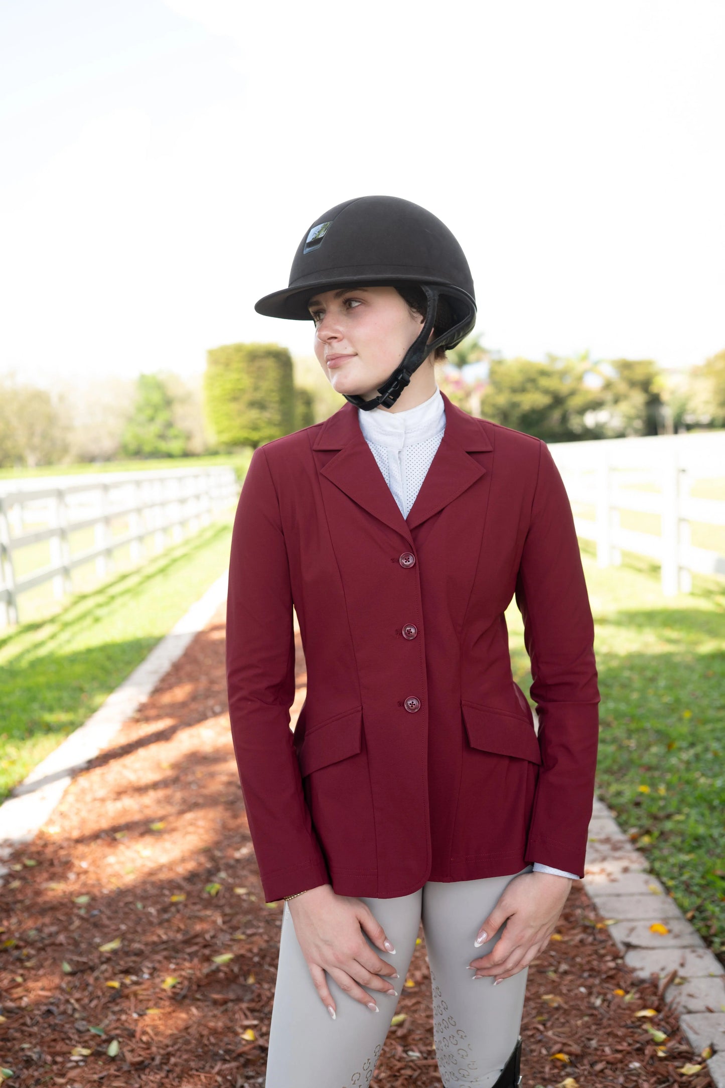 Grand Prix Ladies EQJ 3 Button Show Coat, NY Tech Fabric, Burgundy