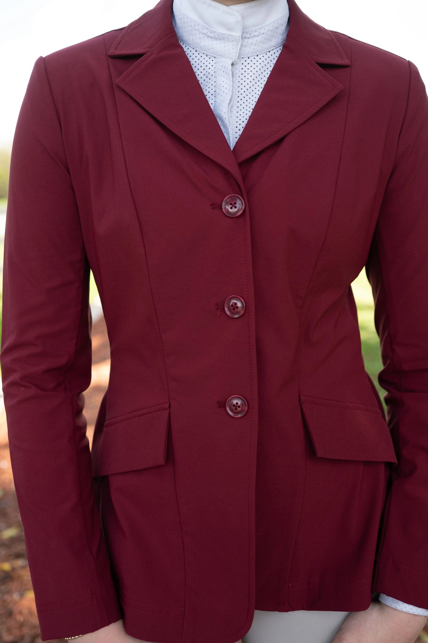 Grand Prix Ladies EQJ 3 Button Show Coat, NY Tech Fabric, Burgundy