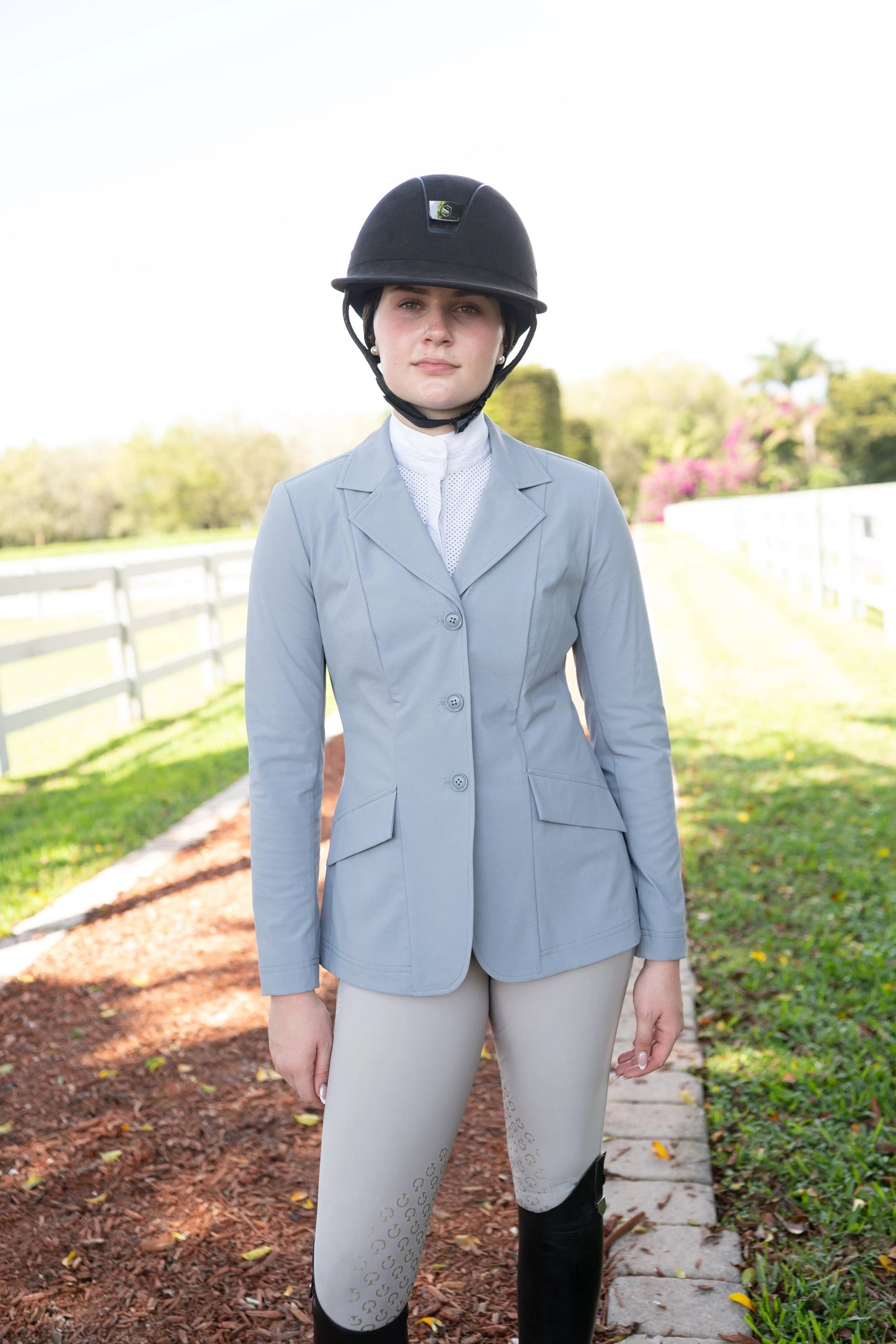 Grand Prix Ladies EQJ 3 Button Show Coat, NY Tech Fabric, Cadet Blue