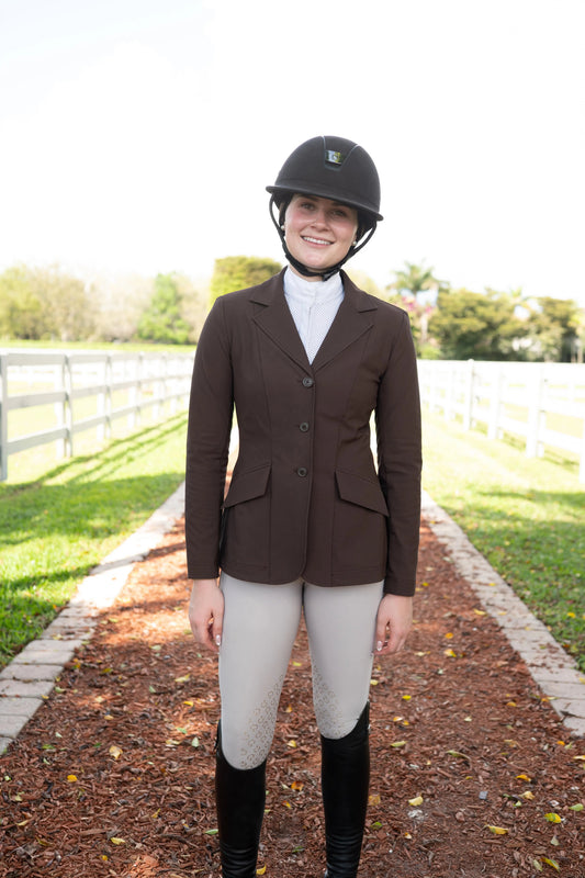 Grand Prix Ladies EQJ 3 Button Show Coat, NY Tech Fabric, Chocolate