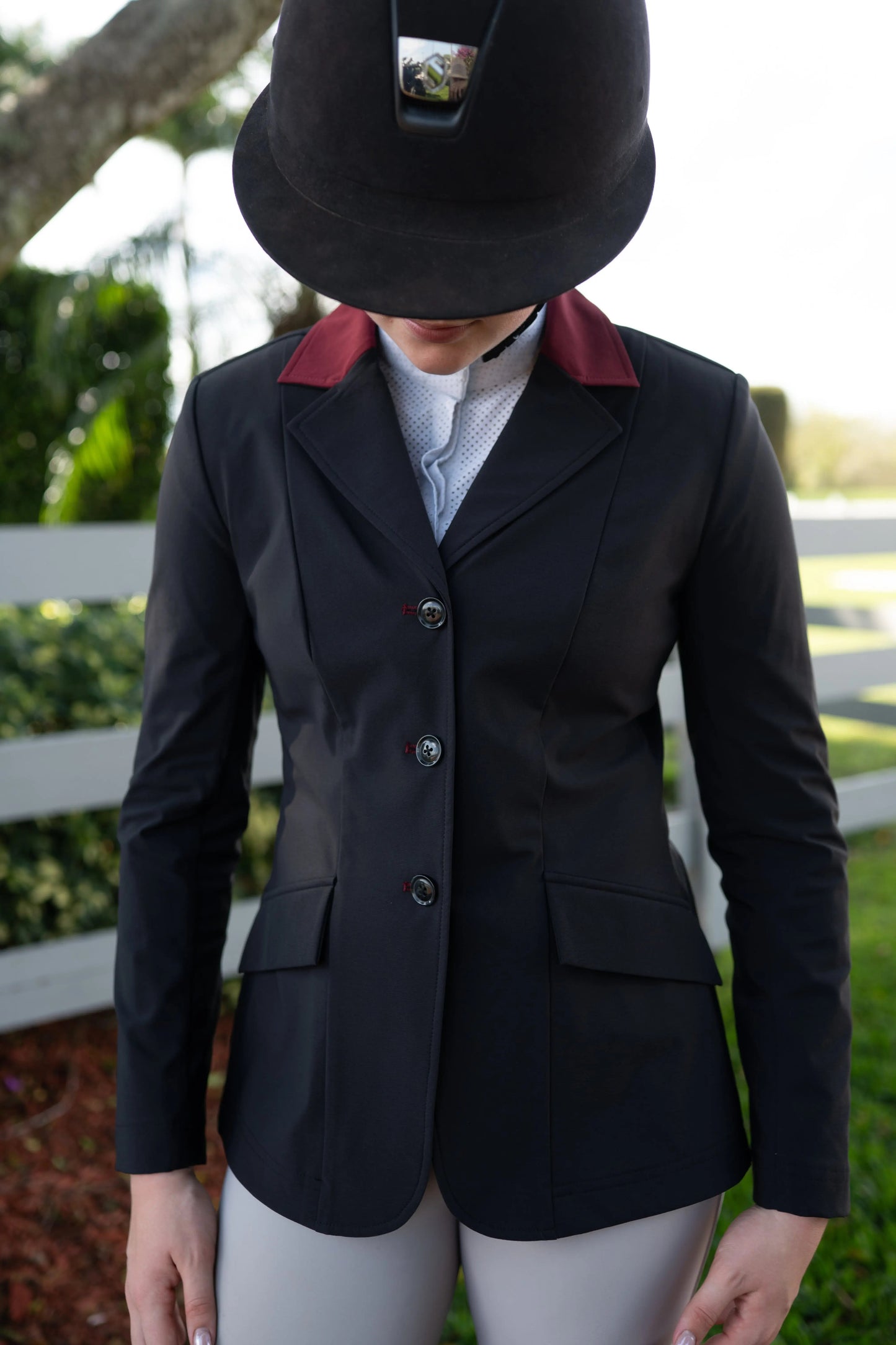 Grand Prix Ladies EQJ Classic 3 Button Show Jacket, Black with Burgundy Collar
