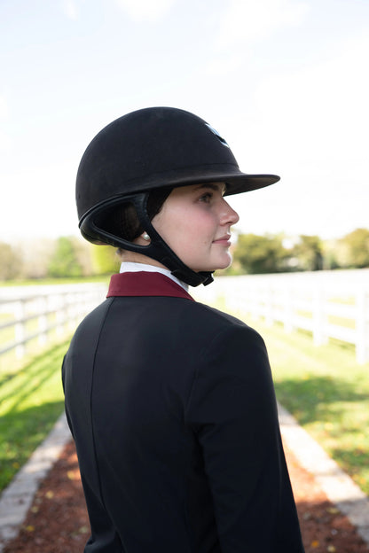 Grand Prix Ladies EQJ Classic 3 Button Show Jacket, Black with Burgundy Collar