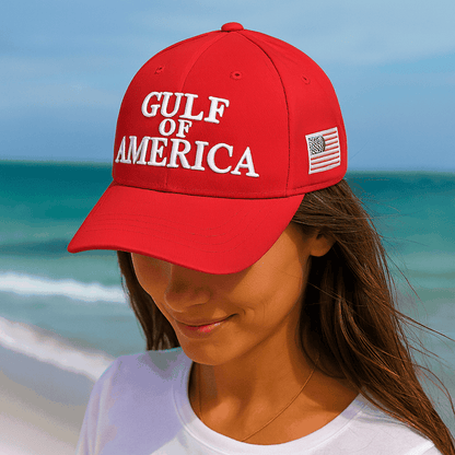 Gulf of America Cap – Red Cotton Twill Hat with Embroidered Front & Hook-and-Loop Adjustable Strap