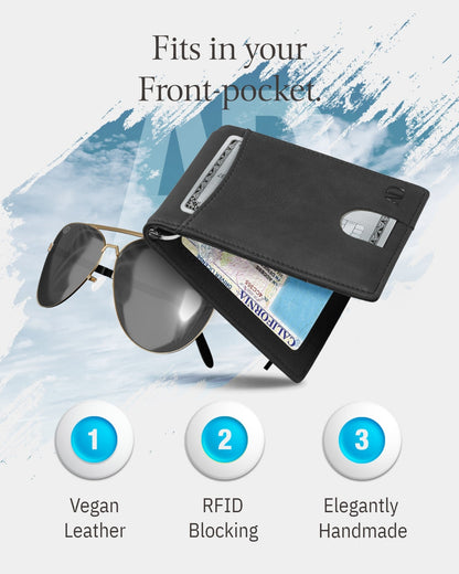 Vegan Leather Money Clip Wallet – Pull-Strap Access, Holds 7 Cards