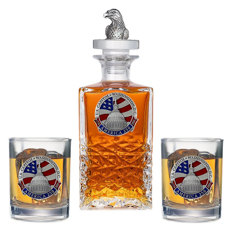 America's 250th Anniversary Eagle Head with Flag Heritage Decanter with 3D Top & 2 Glasses