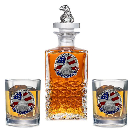 America's 250th Anniversary Eagle Head with Flag Heritage Decanter with 3D Top & 2 Glasses