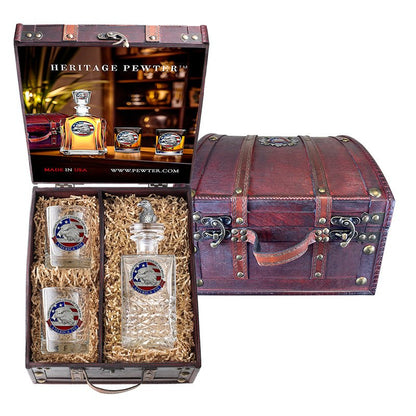 America's 250th Anniversary Eagle Head with Flag Heritage Decanter with 3D Top and 2 Glasses with Chest Box