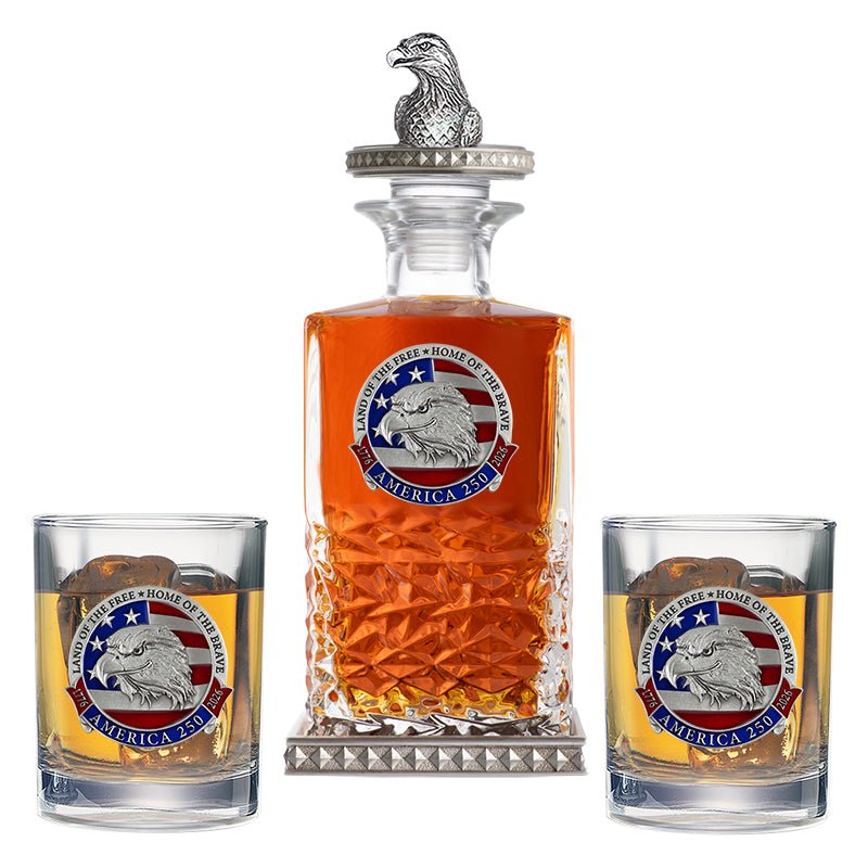 America's 250th Anniversary Eagle Head with Flag Heritage Decanter w/ Eagle Head 3D Top-Diamond Accents & 2 Glasses