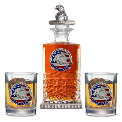 America's 250th Anniversary Eagle Head with Flag Heritage Decanter w/ Eagle Head 3D Top-Diamond Accents & 2 Glasses