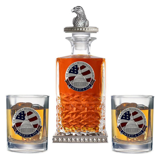 America's 250th Anniversary Capitol Dome Heritage Decanter w/ Eagle Head 3D Top-Diamond Accents & 2 Glasses