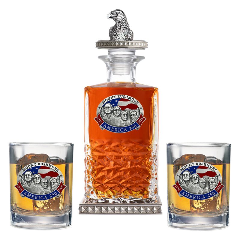 America's 250th Anniversary Mount Rushmore Heritage Decanter w/ Eagle Head 3D Top-Diamond Accents & 2 Glasses