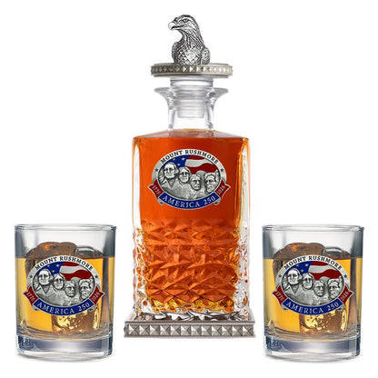 America's 250th Anniversary Mount Rushmore Heritage Decanter w/ Eagle Head 3D Top-Diamond Accents & 2 Glasses