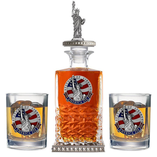 America's 250th Anniversary Statue of Liberty Heritage Decanter w/ 3D Top-Diamond Accents & 2 Glasses